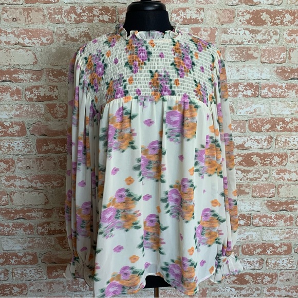 ENTRO Floral Blouse Large Cream Lavender Orange Smocked Semi-Sheer Boho - Picture 2 of 12